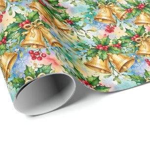Papier Cadeau Joyeux Noël Coloré Or Cloches Houx