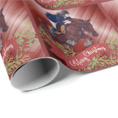 Papier Cadeau Joyeux Noël de Fille et Cheval en rouge (Coin rond)