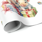 Papier Cadeau Joyeux Noël de Noël de cochons en blanc (Coin rond)