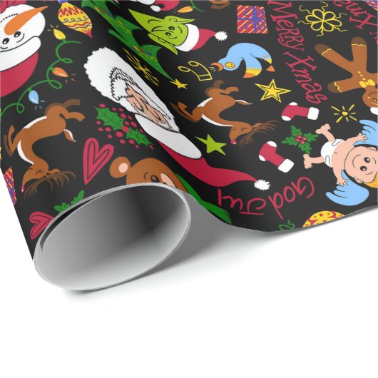 Papier Cadeau Joyeux Noël design motif comme un monde Doodé (Coin rond)