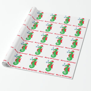 Papier Cadeau Joyeux Noël d'hippocampe avec le casquette de Pè