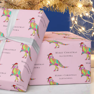 Papier Cadeau Joyeux Noël dinosaure avec prénom de fille personn