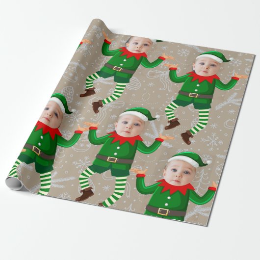 Papier Cadeau Joyeux Noël Drôle Père Noël Elfes visage personnal (Déroulé)