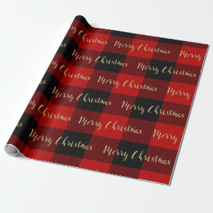 Papier Cadeau Joyeux Noël Écriture Dorée Rayures Rouges Buffalo
