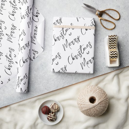 Papier Cadeau Joyeux Noël écriture moderne noir et blanc (Artisanat)