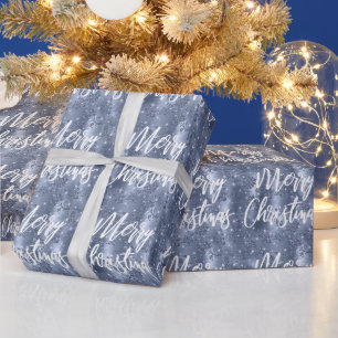 Papier Cadeau Joyeux Noël écriture pailletée florale bleu poussi