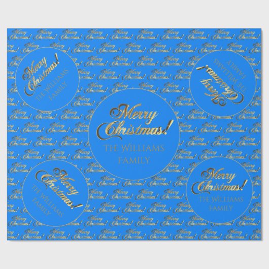 Papier Cadeau Joyeux Noël Elégant Cerulean Blue Gold Script (Plat)