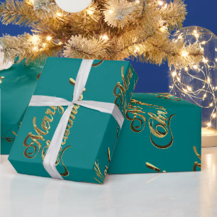 Papier Cadeau Joyeux Noël Elégant Faux Gold Script Turquoise