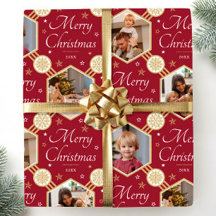 Papier Cadeau Joyeux Noël Élégant Flocon de neige Photo Rouge pr