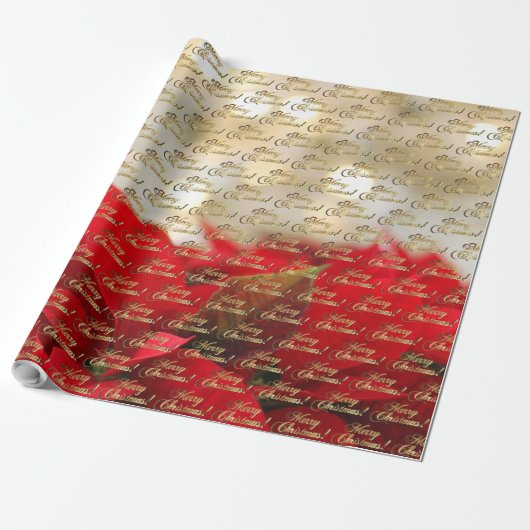 Papier Cadeau Joyeux Noël Elegant Gold Script Poinsettia (Déroulé)