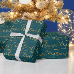 Papier Cadeau Joyeux Noël en or et sarcelle Word Art