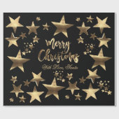 Papier Cadeau Joyeux Noël Etoiles Black Gold Élégant Script (Plat)