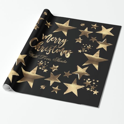 Papier Cadeau Joyeux Noël Etoiles Black Gold Élégant Script (Déroulé)