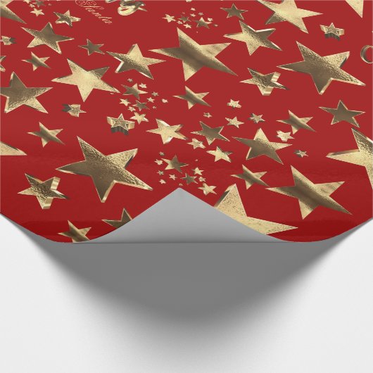 Papier Cadeau Joyeux Noël Etoiles Faux Or Élégant Script Rouge (Coin)