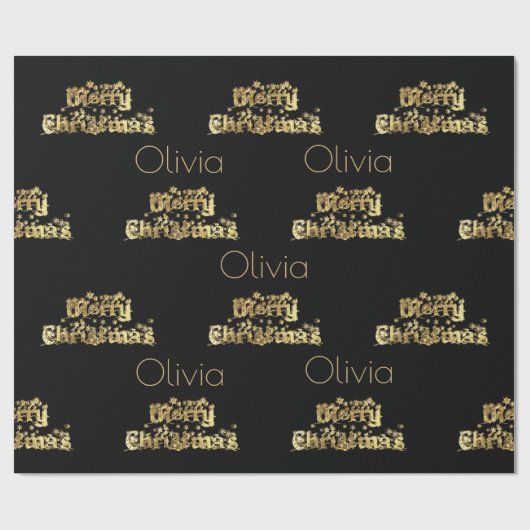 Papier Cadeau Joyeux Noël Étoiles Typographie Black Gold Chic (Plat)