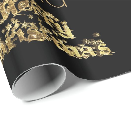 Papier Cadeau Joyeux Noël Étoiles Typographie Black Gold Chic (Coin rond)