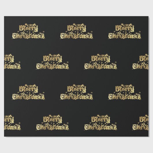 Papier Cadeau Joyeux Noël Étoiles Typographie Black Gold Chic (Plat)