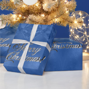 Papier Cadeau Joyeux Noël Faux Silver Foil Script bleu