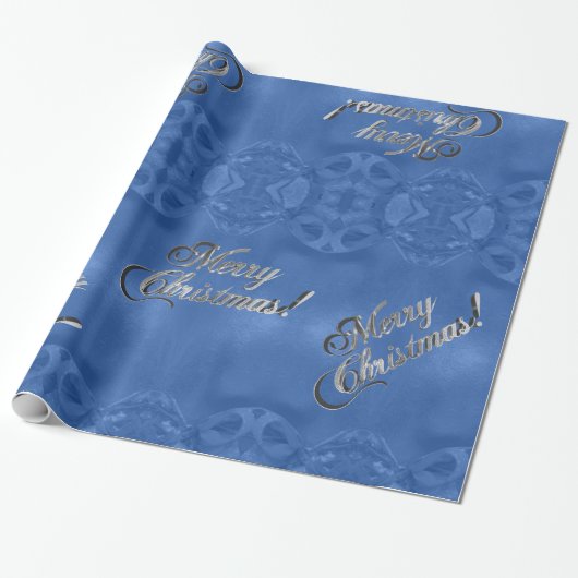Papier Cadeau Joyeux Noël Faux Silver Foil Script bleu (Déroulé)
