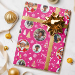 Papier Cadeau Joyeux Noël Festive Arbres Photo Nom Rose<br><div class="desc">Faites vos cadeaux de Noël vraiment inoubliables avec du papier d'emballage photo personnalisé! Ce modèle modifiable présente cinq de vos photos préférées, ce qui le rend parfait pour les enfants, les amis, la famille et les animaux de compagnie. Personnalisez davantage avec le nom du bénéficiaire, votre nom de famille ou...</div>
