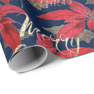 Papier Cadeau Joyeux Noël Gold Parties scintillant Script Floral