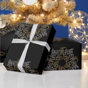 Papier Cadeau Joyeux Noël Gold & Silver Star, Noir Grand