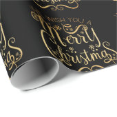 Papier Cadeau Joyeux Noël Gold Typographie Black Chic (Coin rond)