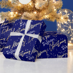 Papier Cadeau Joyeux Noël Golden Script du nom Blue Navy