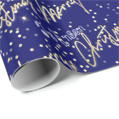Papier Cadeau Joyeux Noël Golden Script du nom Blue Navy (Coin rond)