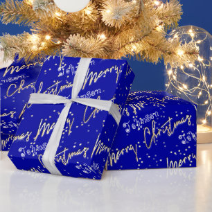 Papier Cadeau Joyeux Noël Golden Script du nom Blue Royal