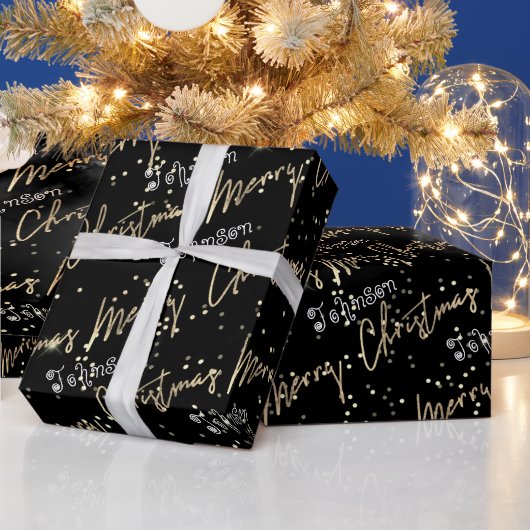 Papier Cadeau Joyeux Noël Golden Script du nom Noir (Vacances)