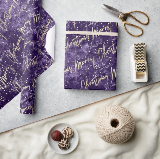 Papier Cadeau Joyeux Noël Golden Script du nom pourpre (Artisanat)