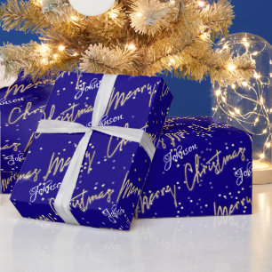 Papier Cadeau Joyeux Noël Golden Script Nom Royal Blue Navy