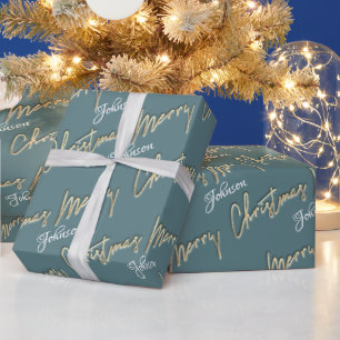 Papier Cadeau Joyeux Noël Golden Script Nom Smoky Aqua Blue