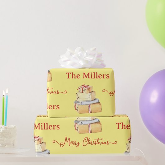 Papier Cadeau Joyeux Noël Hiver Famille Jaune Cadeaux (Cadeaux de fête)