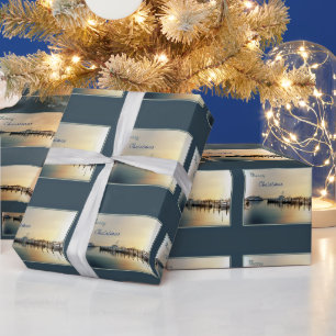 Papier Cadeau Joyeux Noël - Lever Du Soleil Au Port - Bateaux