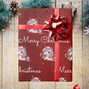 Papier Cadeau Joyeux Noël Licorne de Noël Magique Cramoisi