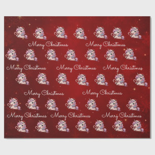 Papier Cadeau Joyeux Noël Licorne de Noël Magique Cramoisi