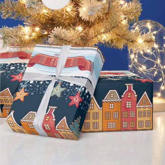 Papier Cadeau Joyeux Noel maisons d'hiver neige village motif (Vacances)