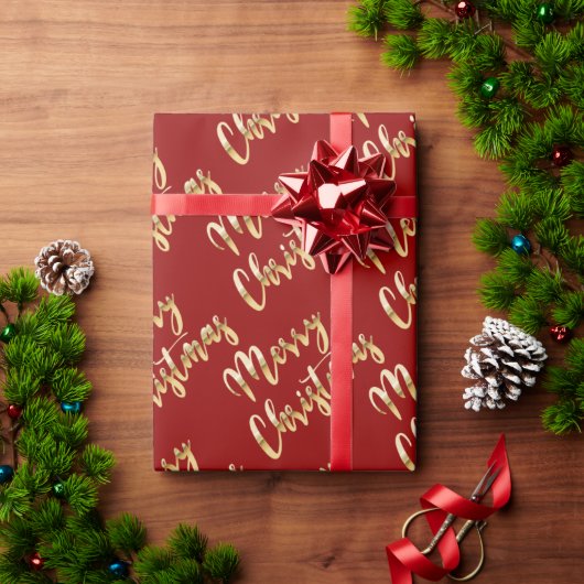 Papier Cadeau Joyeux Noël métal or script rouge (Cadeau de vacances)
