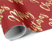 Papier Cadeau Joyeux Noël métal or script rouge (Coin rond)