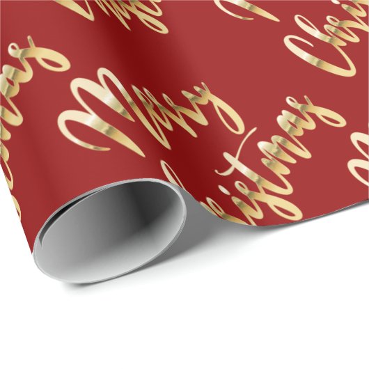 Papier Cadeau Joyeux Noël métal or script rouge (Coin rond)