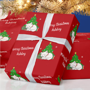 Papier Cadeau Joyeux Noël mignon Chat Arbre Rouge Vintage