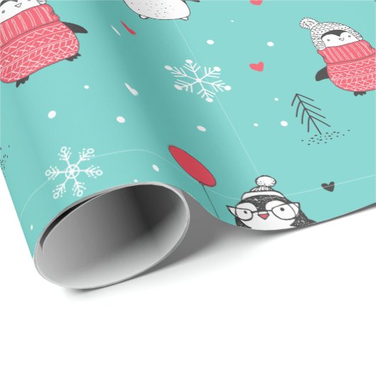 Papier Cadeau Joyeux Noël mignonne Happy Penguin en bleu Casquet (Coin rond)