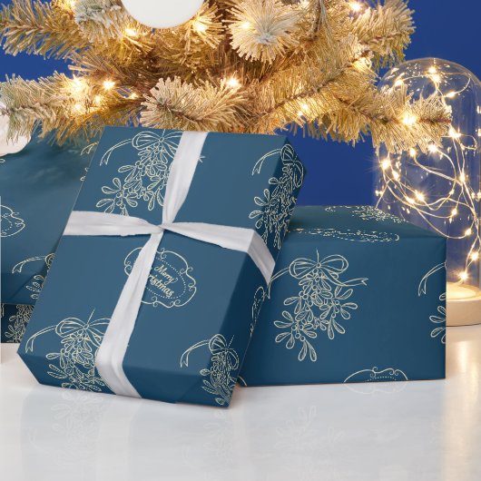 Papier Cadeau Joyeux Noël Mistletoe Calligraphie bleu (Vacances)