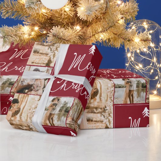 Papier Cadeau Joyeux Noël moderne 5 photos collage grille rouge (Vacances)