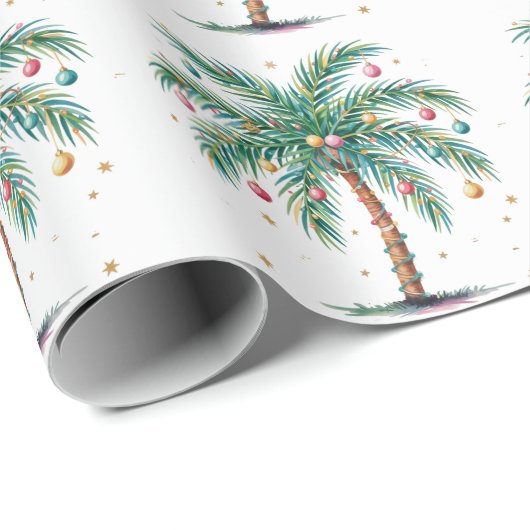 Papier Cadeau Joyeux Noël moderne Palm Tree Lumière (Coin rond)