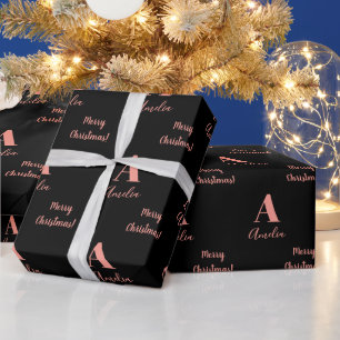 Papier Cadeau Joyeux Noël Monogramme Nom Rose noir Or