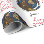 Papier Cadeau Joyeux Noël Nativité Scène Nom personnalisable (Coin rond)