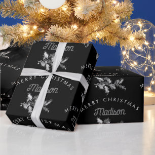 Papier Cadeau Joyeux Noël noir rétro personnaliséMonogramme